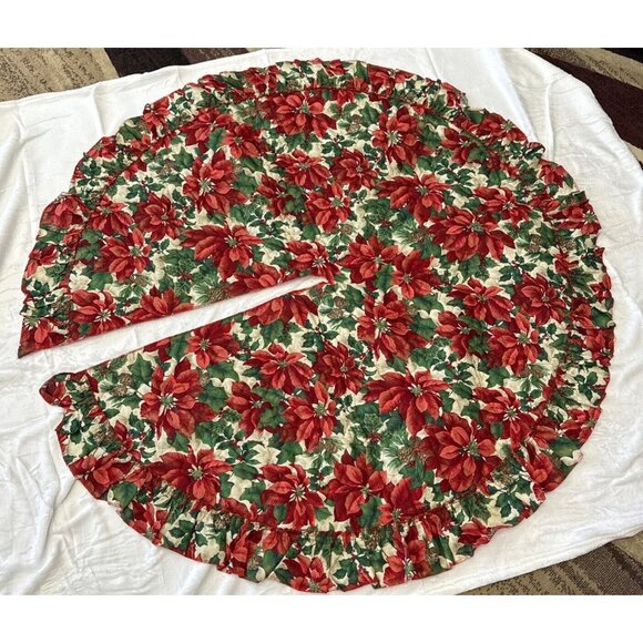 Beautiful Fabric Christmas Tree Skirt 46" Diameter Skirted Poinsettias Quilted - Picture 1 of 5